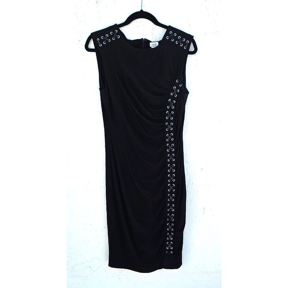 Cache Vintage Y2K 90s Dress Large Black Lace Up Gromet Ruched Goth Edgy Mini